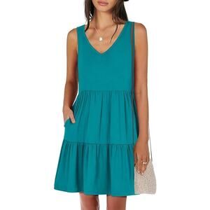 Womens Summer Casual Teal Tank Dress Sleeveless V Neck T Shirt Sundress